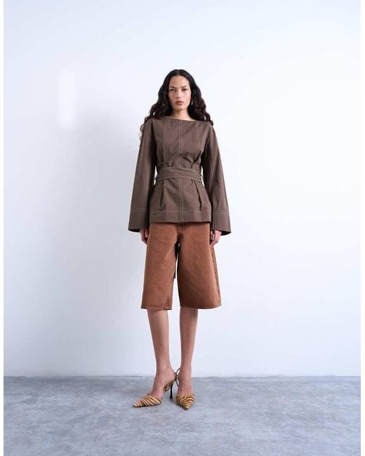 TOPSHOP Brown Long Sleeve Tie Waist Top With Contrast Stich