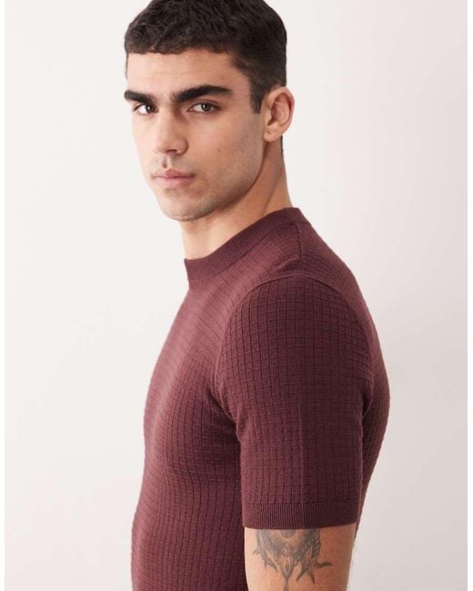 ASOS Red Muscle Fit Short Sleeve Knitted Waffle Crew Neck T-shirt for men