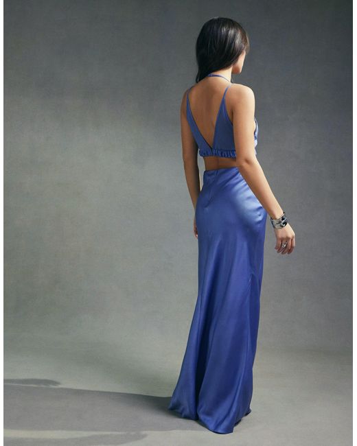 ASOS Blue Satin Mix Cut Out Waist Maxi Dress With Sheer Insert