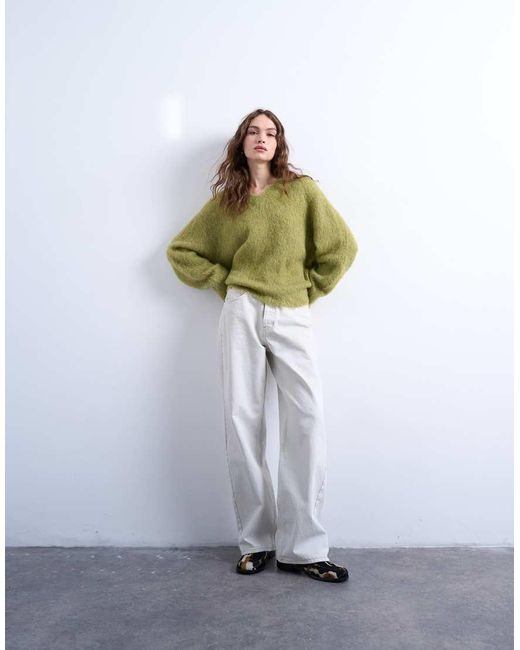 TOPSHOP Green Knitted Premium Alpaca V Neck Jumper