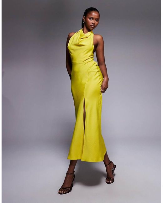 ASOS Yellow Satin High Neck Midi Dress With Cross Strap Detail