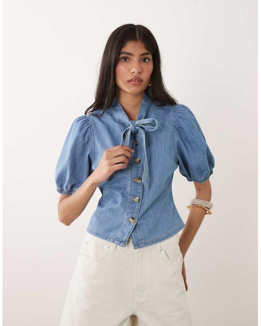 Miss Selfridge Blue Tie Neck Puff Sleeve Denim Top