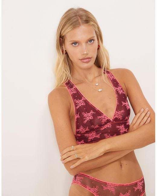 Free People Red Talk About It Floral Lace Soft Bra
