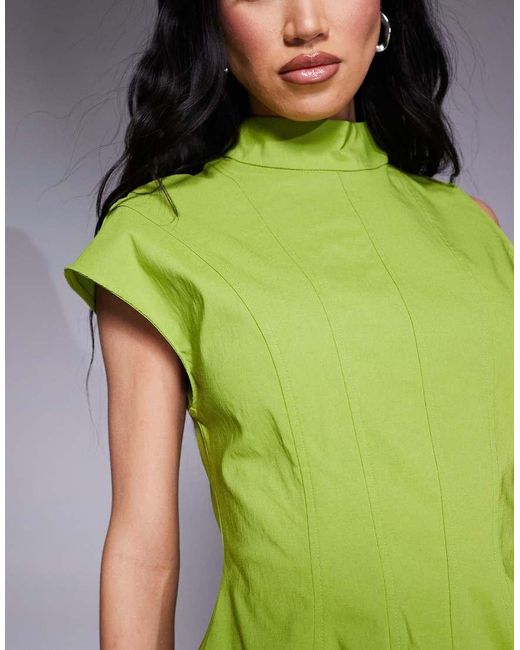 ASOS Green Bengaline High Neck Asymmetric Sleeve Seamed Mini Skater Dress