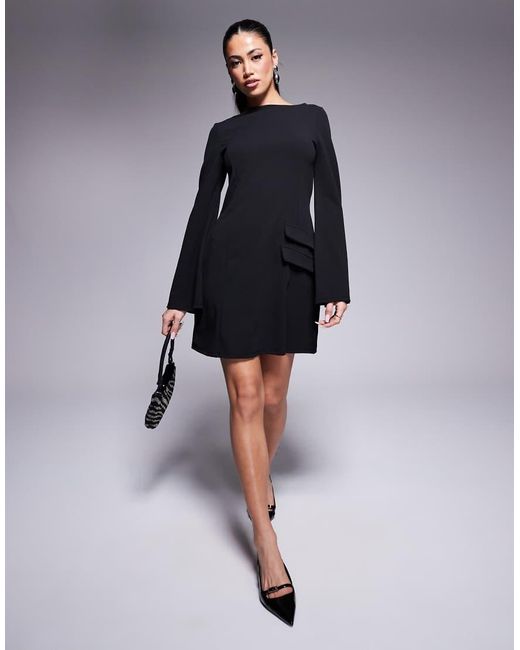 ASOS Black Scuba Fluted Long Sleeve Double Pocket Mini Dress