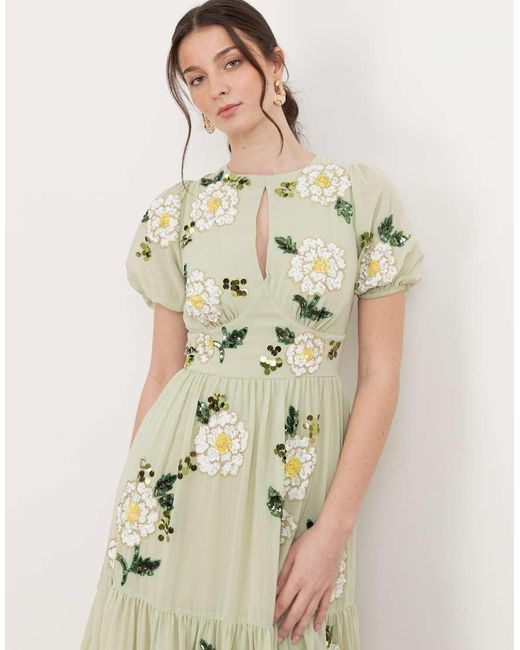 Maya Natural Floral Embellished Short Sleeve Tiered Midaxi Dress