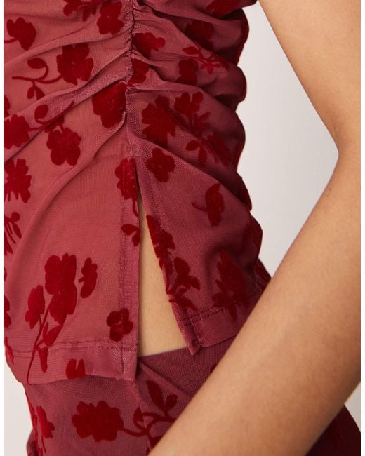 ASOS Red Ruched Side High Neck Flocked Mesh Top