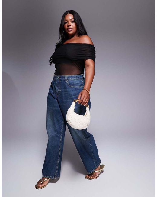 ASOS Black Asos Design Curve Mesh Fold Over Ruched Off Shoulder Top