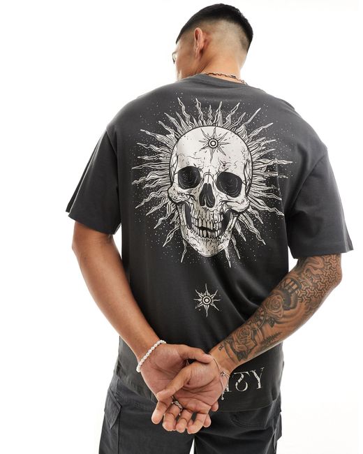 Jack & Jones Gray Oversized T-shirt With Skull Backprint for men