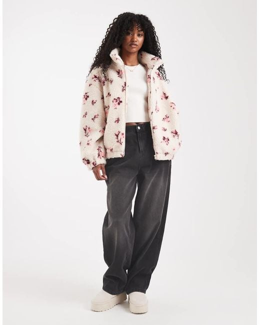 Miss Selfridge Natural Floral Borg Zip Through Jacket