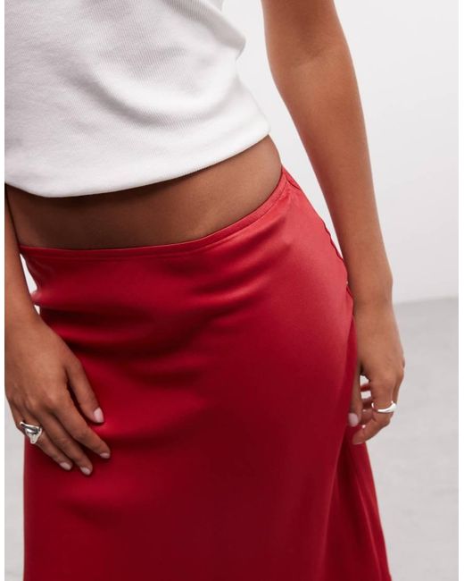 Reclaimed Vintage Red Satin Awkward Length Skirt With Lace Trim