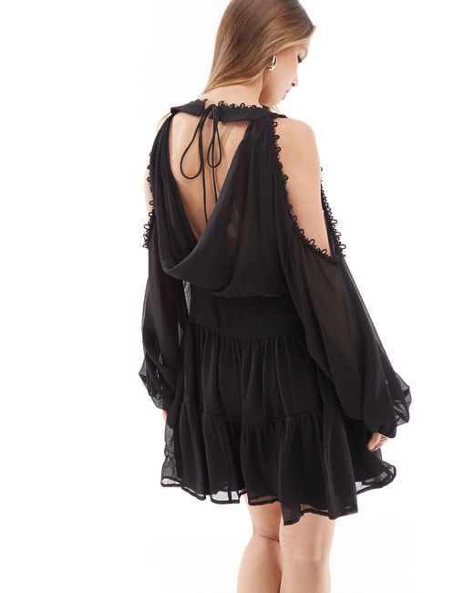 ASOS Black Cold Shoulder Tiered Mini Dress With Lace Insert