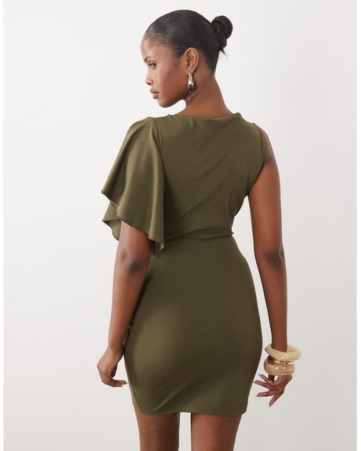 The Frolic Green Exclusive One Shoulder Ruffle Sleeve Mini Dress