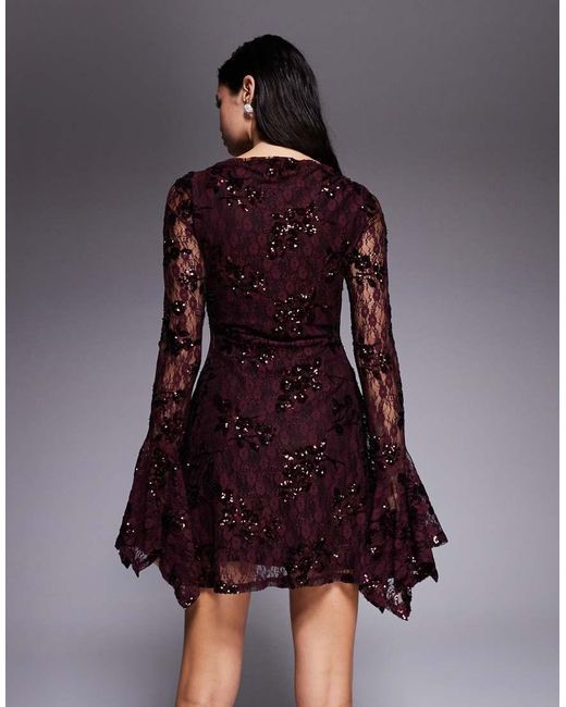 ASOS Brown Sequin Lace Slash Neck Mini Dress With Hanky Sleeve