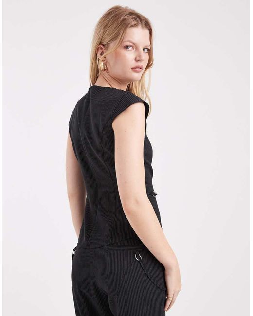 Collusion Black Tailored Pinstriped Buckle Top