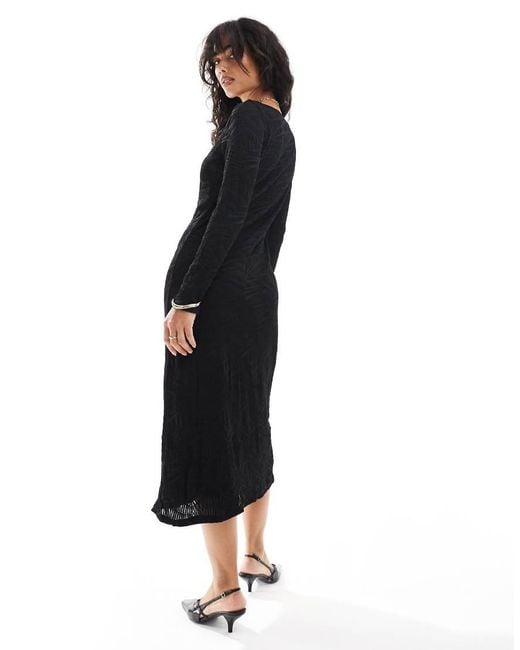 Vila Black Textured Boat Neck Midi Dress