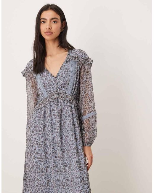 Wednesday's Girl Gray Long Sleeve Floaty Ditsty Print Midaxi Dress