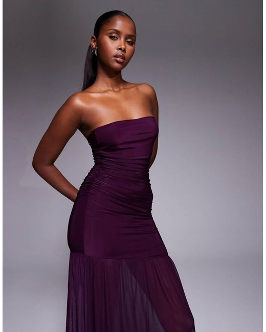 Kaiia Purple Exclusive Premium Slinky Sheer Mesh Hem Bandeau Maxi Dress