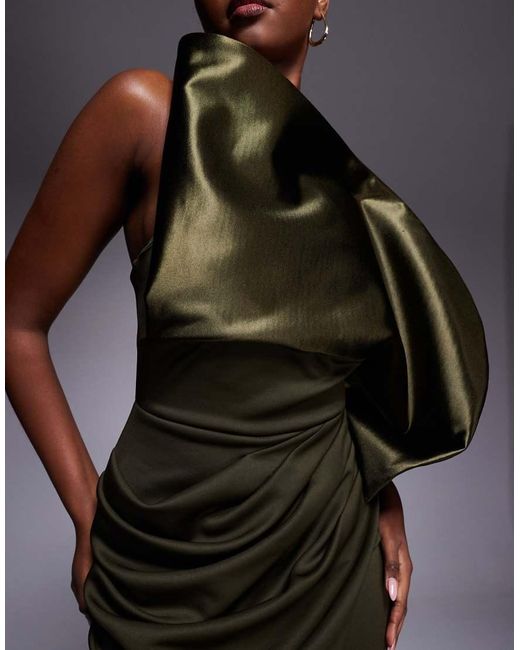ASOS Green Premium Ruched Hip Maxi Dress With Structured Satin Drape Neck