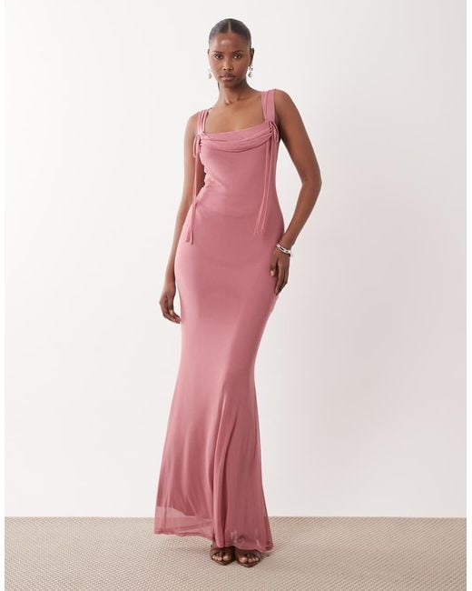ASOS Pink Square Neck Cowl Maxi Dress With Tie Neck Detail
