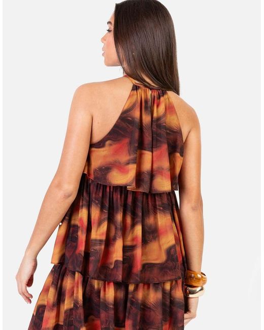 ANAYA Fire Marbel Print Halter Neck Tiered Swing Mini Dress