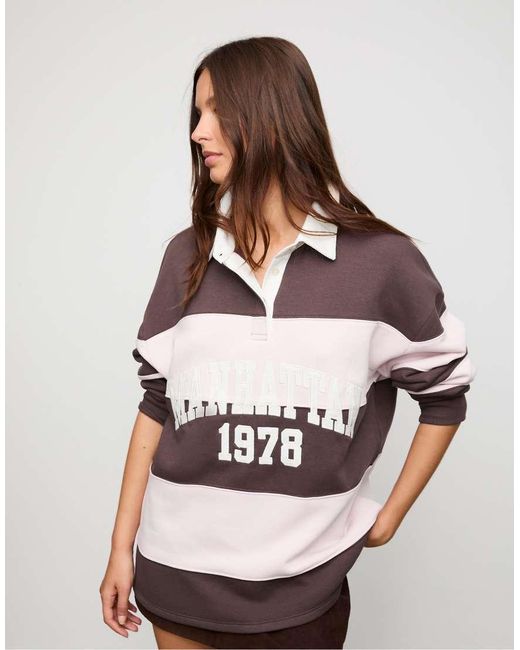 Stradivarius Pink Stripe Print Polo Sweatshirt