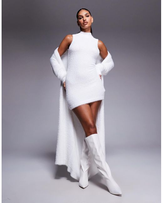 Aria Cove White Fluffy Knit High Neck Sleeveless Mini Jumper Dress Co-ord