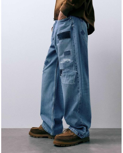 Pull&Bear – weite patchwork-jeans in Blue für Herren