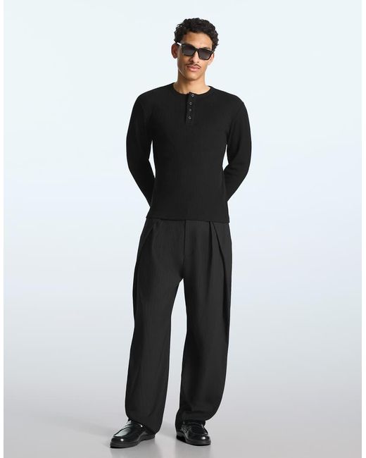 Bershka Black Long-sleeve Slim-fit Henley Collar T-shirt for men