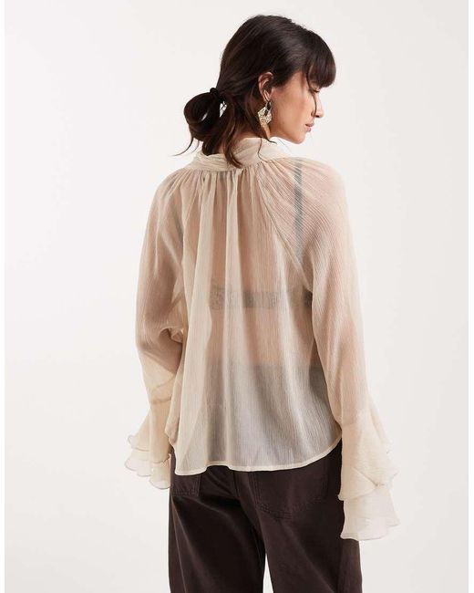 ONLY Natural High Neck Tie Detail Sheer Blouse With Frill Sleeves