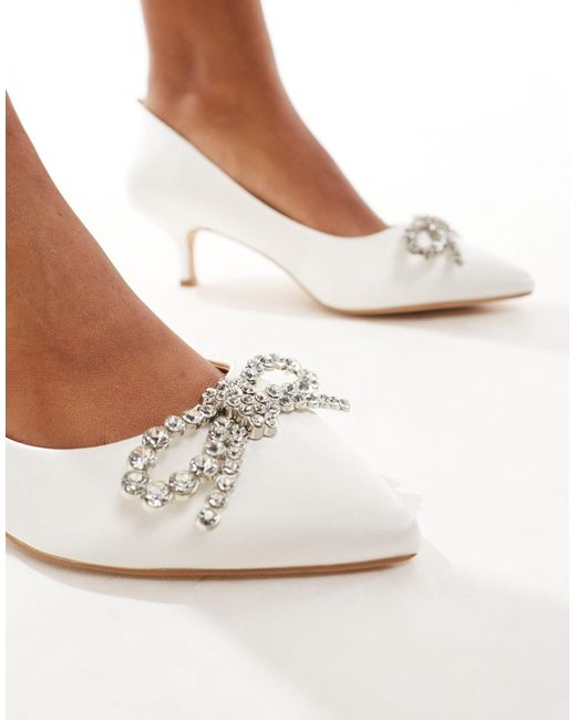 Truffle Collection White Wide Fit Bridal Kitten Heel Embellished Bow Detail Court Shoe