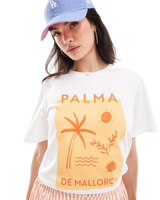 Pieces White T-shirt With 'palma De Mallorca' Front Print