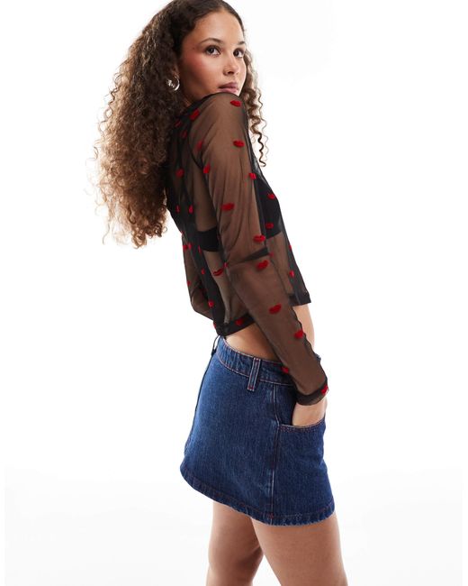 Noisy May Blue Long Sleeve Mesh Top With Lip Flocking