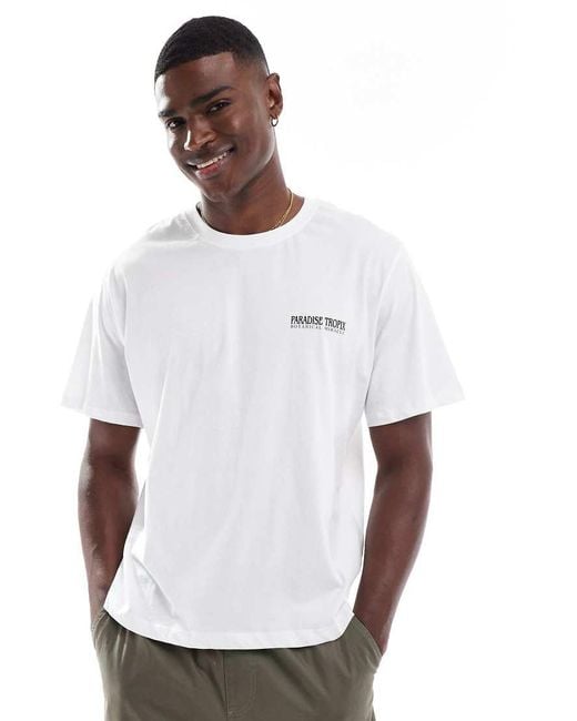 Camiseta Extragrande Con Estampado "Tropix" En La Espalda De -Blanco Jack & Jones de hombre de color White