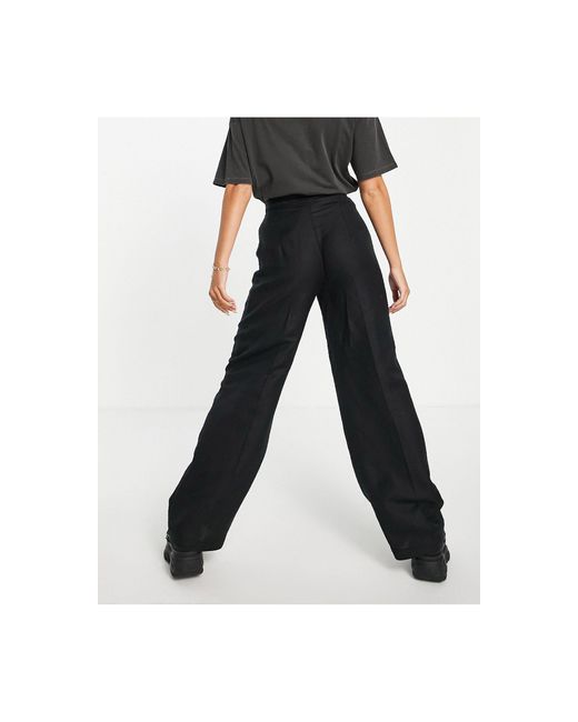 Bershka Tailored Linen Wide Leg Pants, Plain Pattern in Black - Lyst