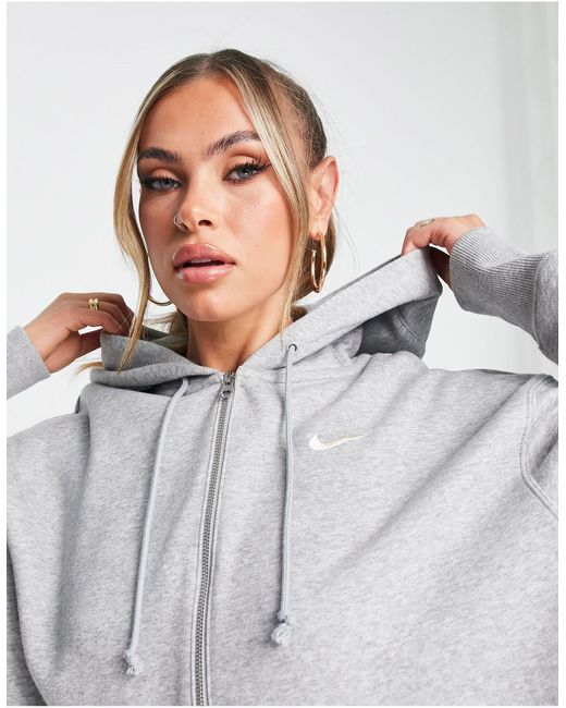 Felpa con cappuccio oversize grigia con zip e logo piccolo di Nike in Gray