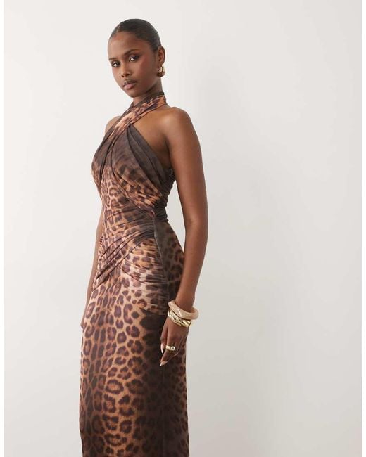 Ruched & Ready Pink Mesh Cross Front Halterneck Drape Waist Detail Maxi Dress