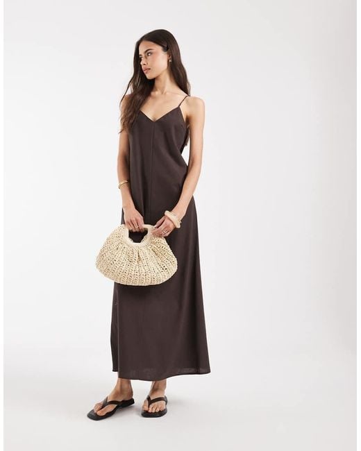 Vero Moda Brown Linen Look Cami Straps Midaxi Dress
