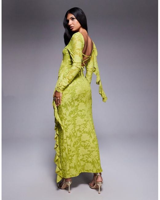 ASOS Yellow Devore Long Sleeve Ruffle Maxi Dress