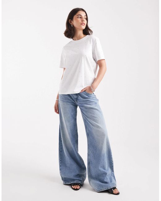 ONLY White Boxy T-shirt With Rhinestones