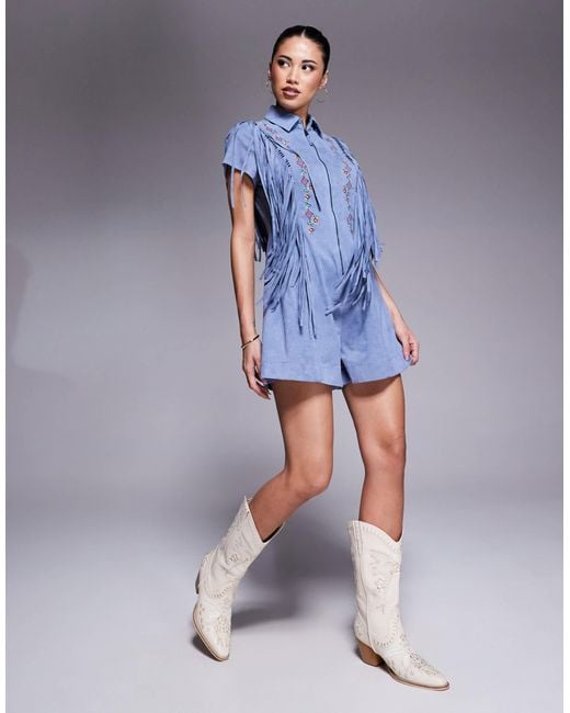 ASOS Blue – bestickter playsuit aus wildlederimitat