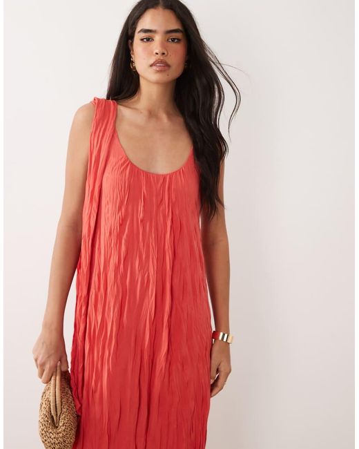 ASOS Red Crinkle Scoop Neck Maxi Dress With Scarf Detail