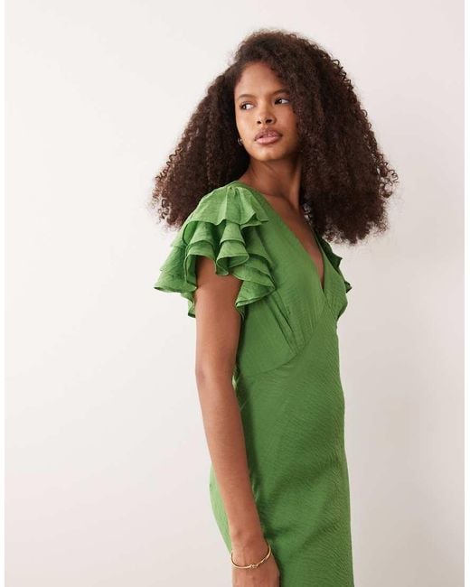 Nobody's Child Green Layla Ruffle Cap Sleeve V-Neck Midi Dress