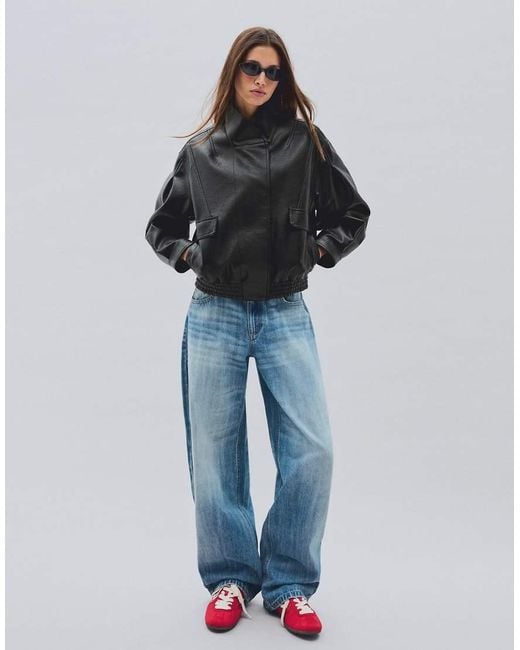 Bershka Black Oversize Leather Effect Jacket With Crossover Collar