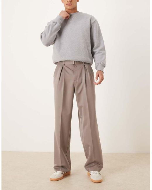 ASOS Natural Smart Pleated Wide Leg Trousers And Belt Detail for men