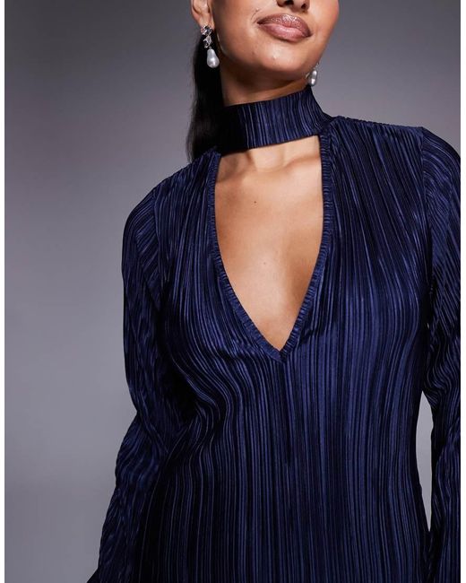 ASOS Blue Plisse V Front Choker Detail With Balloon Sleeve Mini Dress