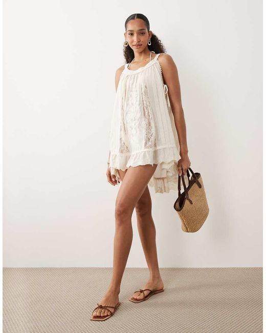Miss Selfridge Natural Beach Tie Side Lace Embroidered Mini Dress