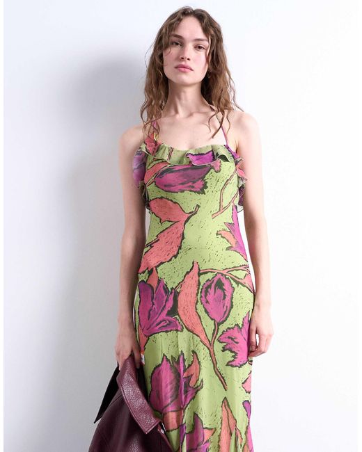 Robe élégante mi-longue à imprimé fleuri avec jupe à godets - rose/vert TOPSHOP en coloris Gray