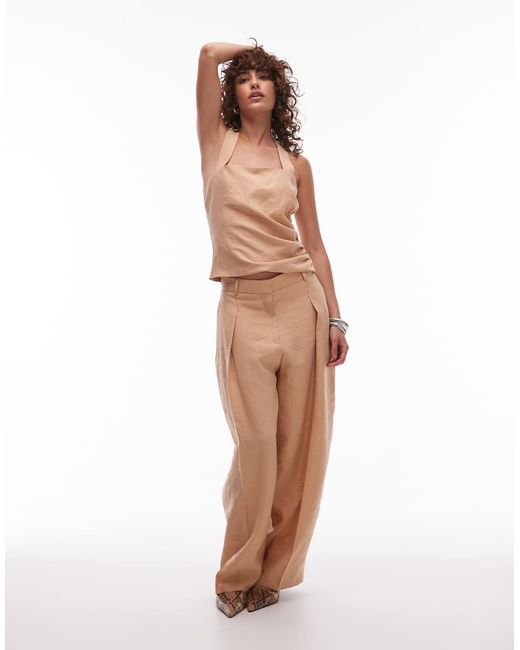Top Con Lateral Recogido Y Cuello Halter De Algodón De (Parte De Un Conjunto)-Neutro Mango de color Brown