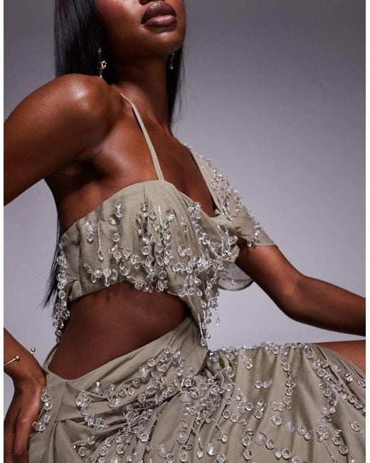 ASOS Gray Draped Off Shoulder Bandeau Maxi Dress With Beaded Embellishment